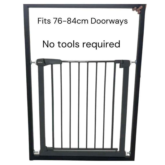 Grey safety gate by Baby Way NZ, secure baby and pet barrier fitting 75-84 cm doors, durable metal gate with safety latch.