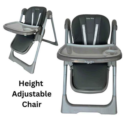 Baby Way NZ Elevate adjustable folding high chair with grey finish, locking wheels and storage basket for convenient baby feeding.