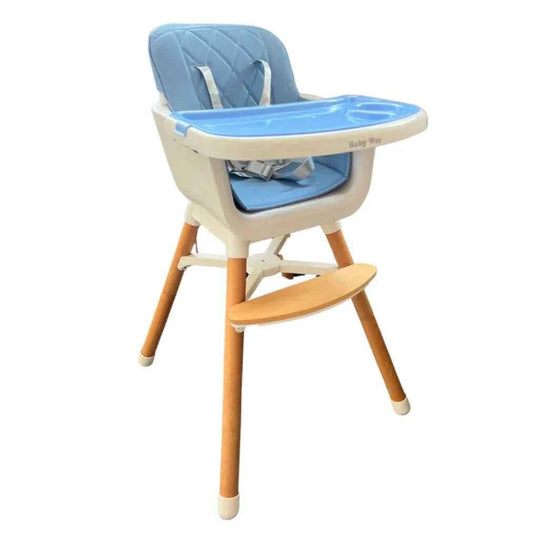 Willow Natural Beech Wood 2-in-1 children’s high chair by Baby Way NZ in blue, showing the wooden frame and adjustable design.