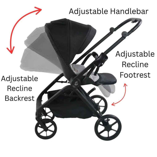 Baby Way NZ Crown Y luxury reversible open bassinet stroller with sunshade and extended canopy, showcasing the sleek design and features.