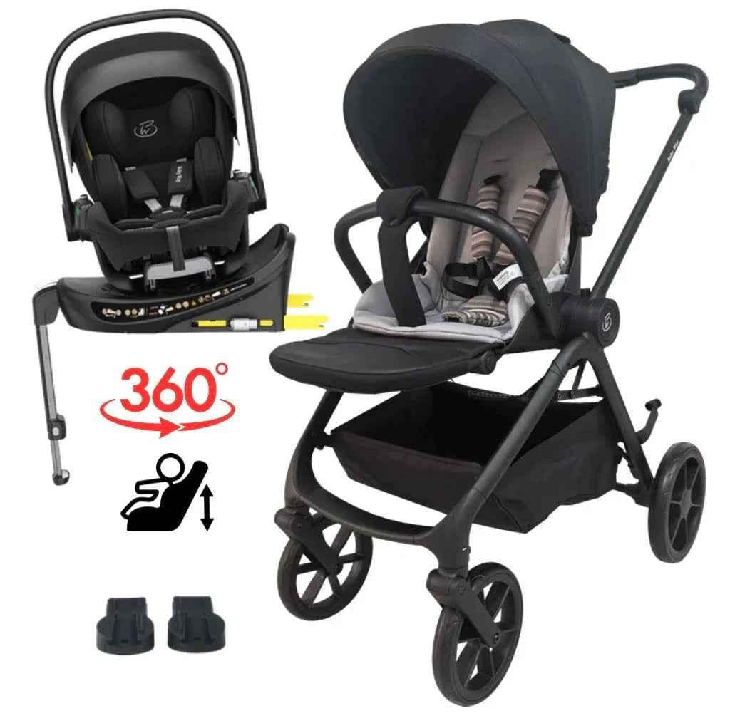 Baby Way NZ Crown Y Luxury Travel System with reversible stroller, reclining i-Size capsule, and rotating ISOFIX base for infants.