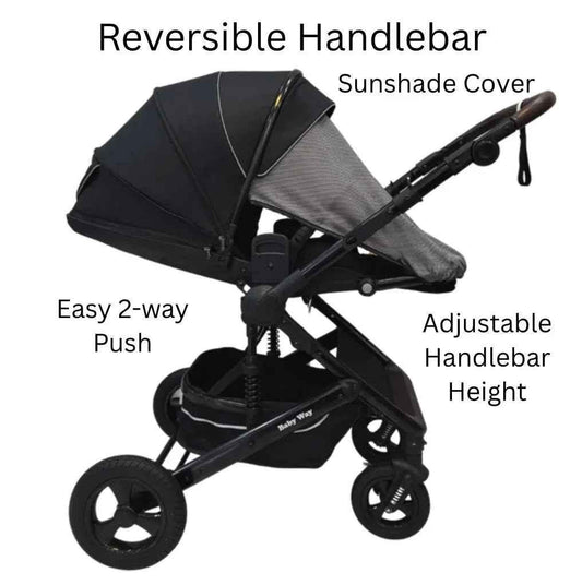 Baby Way NZ Versa 2-in-1 open bassinet stroller with sunshade and cup holder, showing the stroller with bassinet and accessories.