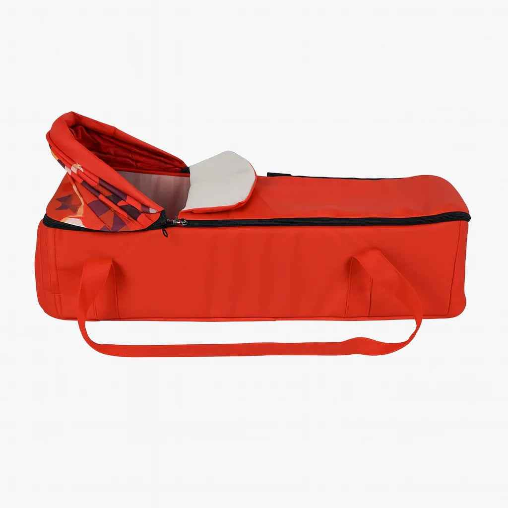 Baby Way NZ Cocoon Soft Carry Cot baby lounger with canopy and foot cover in red, designed for travel bassinets.