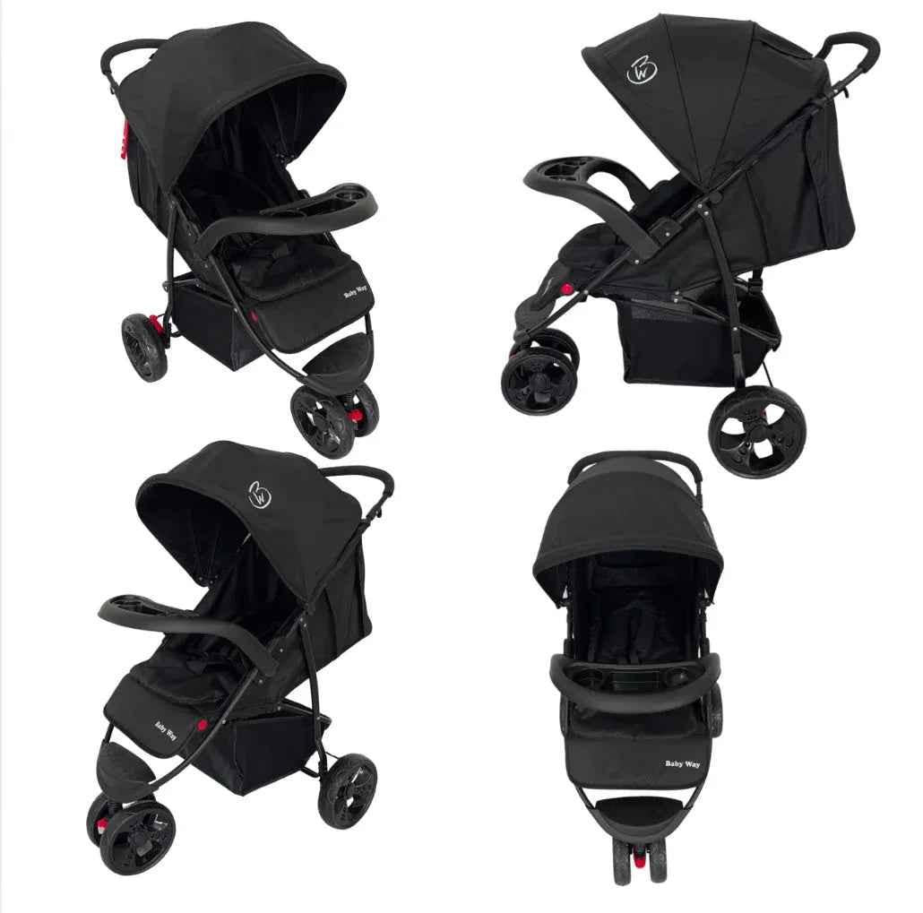 Baby Way NZ Explorer 3-Wheel Umbrella Stroller with food tray, lightweight design, and adjustable canopy for easy strolls.