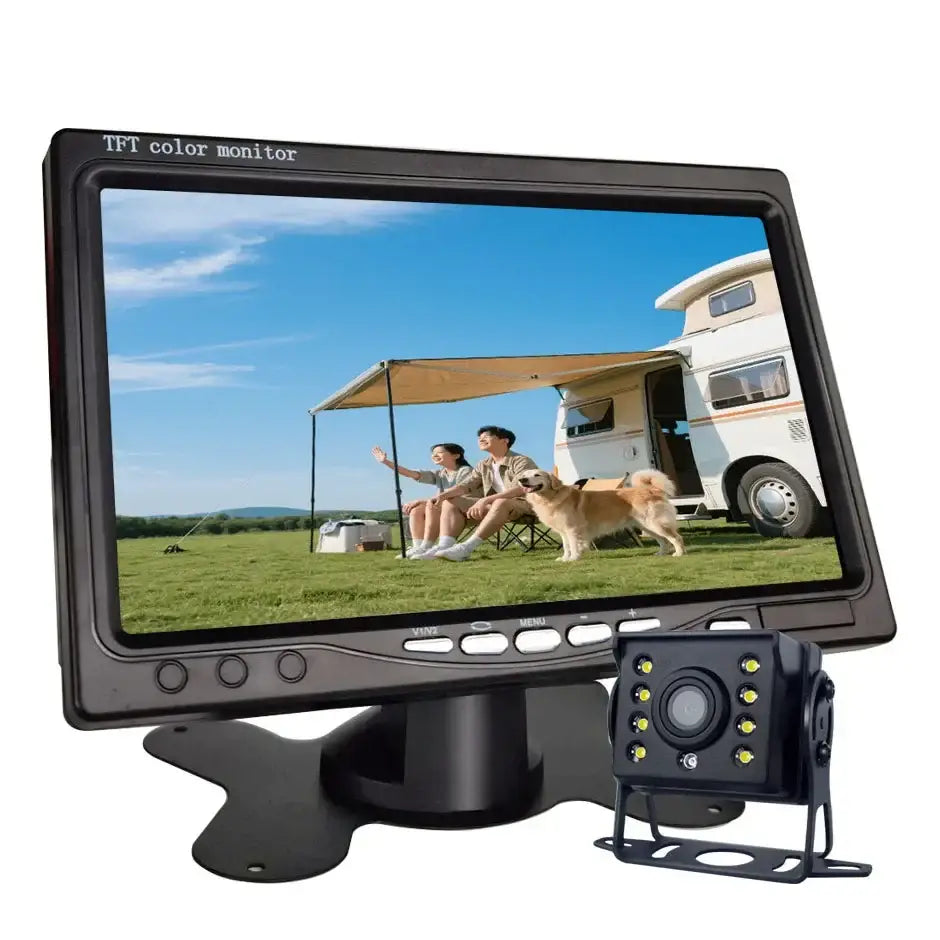 Habicare backup reverse camera with 7-inch LCD monitor, easy install, compatible with 12V/24V vehicles, CVBS video output.