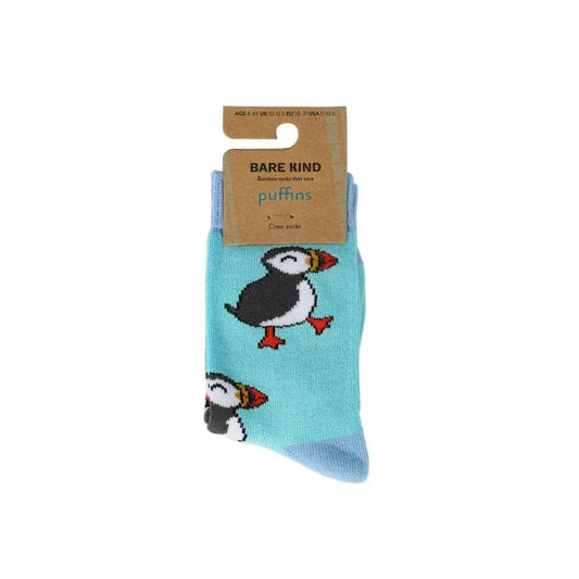 Barekind NZ bamboo socks for kids featuring colorful Puffin design, suitable for ages 0-12 months. Soft and eco-friendly.