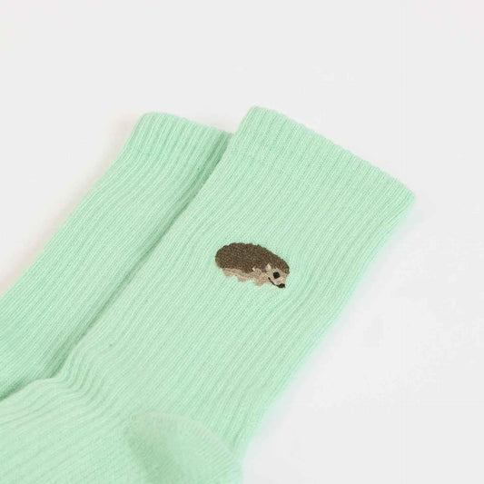 Barekind NZ Save the Hedgehog ribbed bamboo socks for adults, showcasing soft, eco-friendly sock design and natural textures.