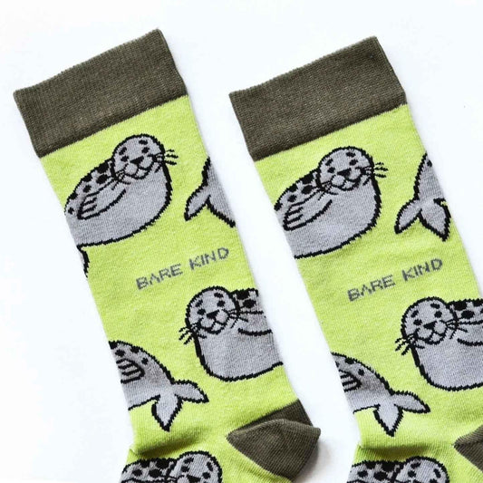 Barekind NZ bamboo socks for adults featuring Save the Seals design, made from sustainable bamboo material.