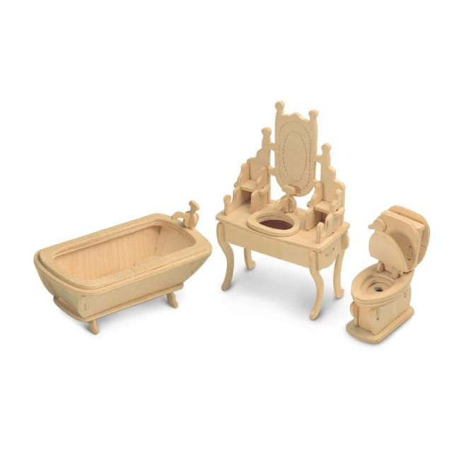 Detailed image of a 3D bathroom puzzle by 9eight5 showcasing realistic bathroom fixtures and accessories assembled in a miniature model.
