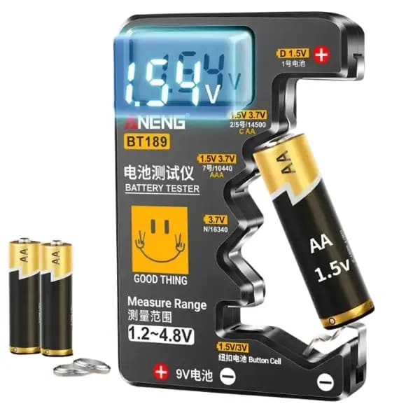 9eight5 Battery Tester BT189 for button cells, AA, AAA, C, D, 9V, 14500, 16340 batteries, handheld tools and kits.