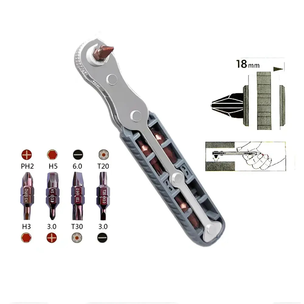 Habicare HBC bidirectional right-angle ratchet screwdriver set with ergonomic handles and multiple bits for versatile fastening tasks.