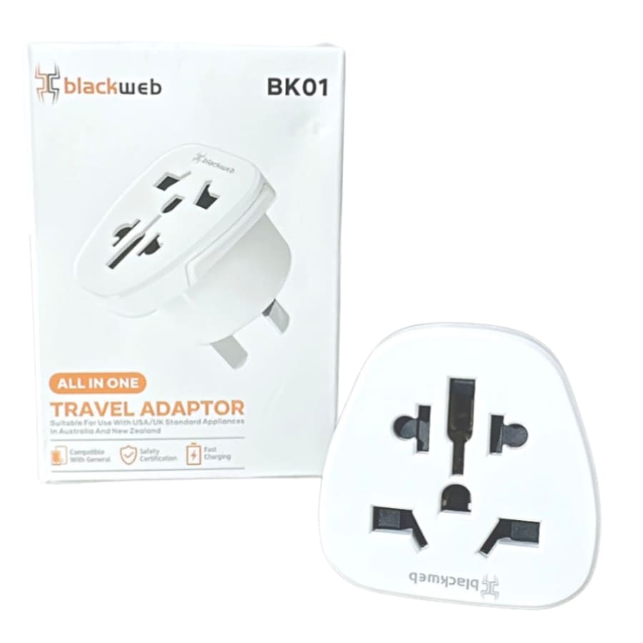 Blackweb All-In-One Travel Adapter BK01 wall plug for USA, UK, NZ, and AUS outlets, compatible with various electronic devices.