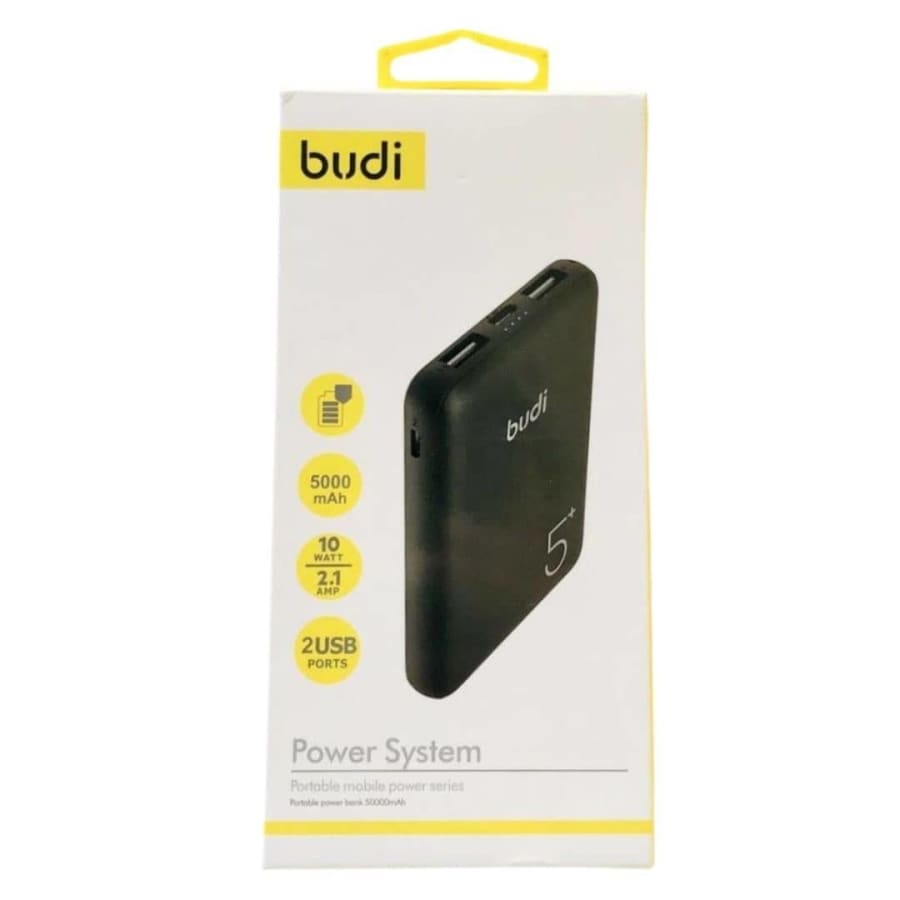 9eight5 Budi 5,000 mAh power bank with USB ports, compact portable electronics accessory for charging devices on the go.