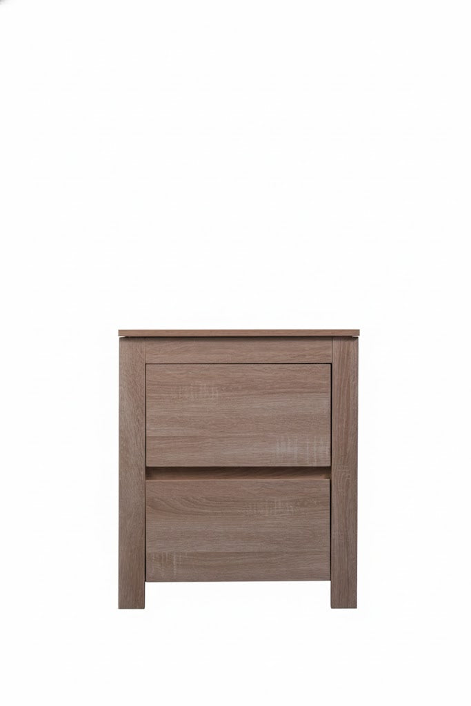 Light oak Byron bedside table by sue-e furniture with two drawers and modern design, shown in a cozy bedroom setting.