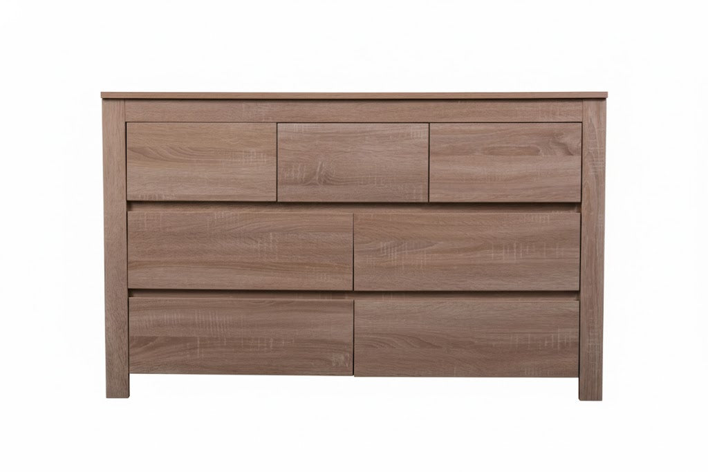 Light oak Sue-e Furniture Byron low boy dresser with sleek design and sturdy construction, showcasing smooth finish and modern style.