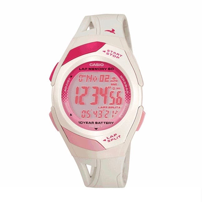 Casio STR300-7V digital watch with black strap and digital display, featuring stopwatch and alarm functions.
