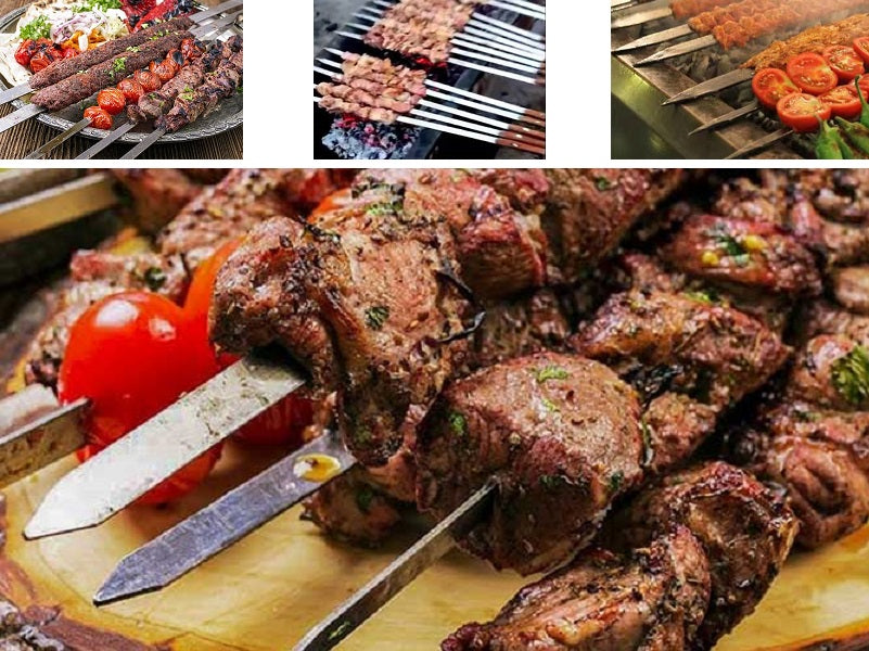 Five plain medium-length wooden handle BBQ skewers for kebabs, 59cm, ideal for grilling Turkish-style kebabs.