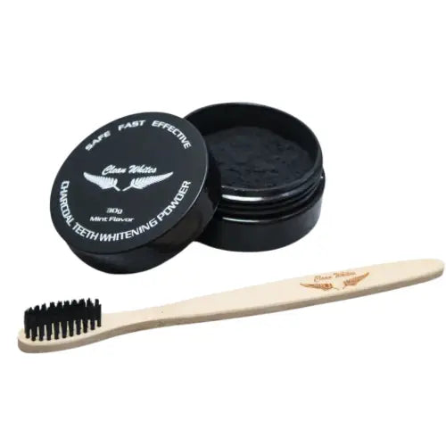 Clean Whites Charcoal Teeth Whitening Kit with whitening gel and applicator for brighter, whiter teeth at home.