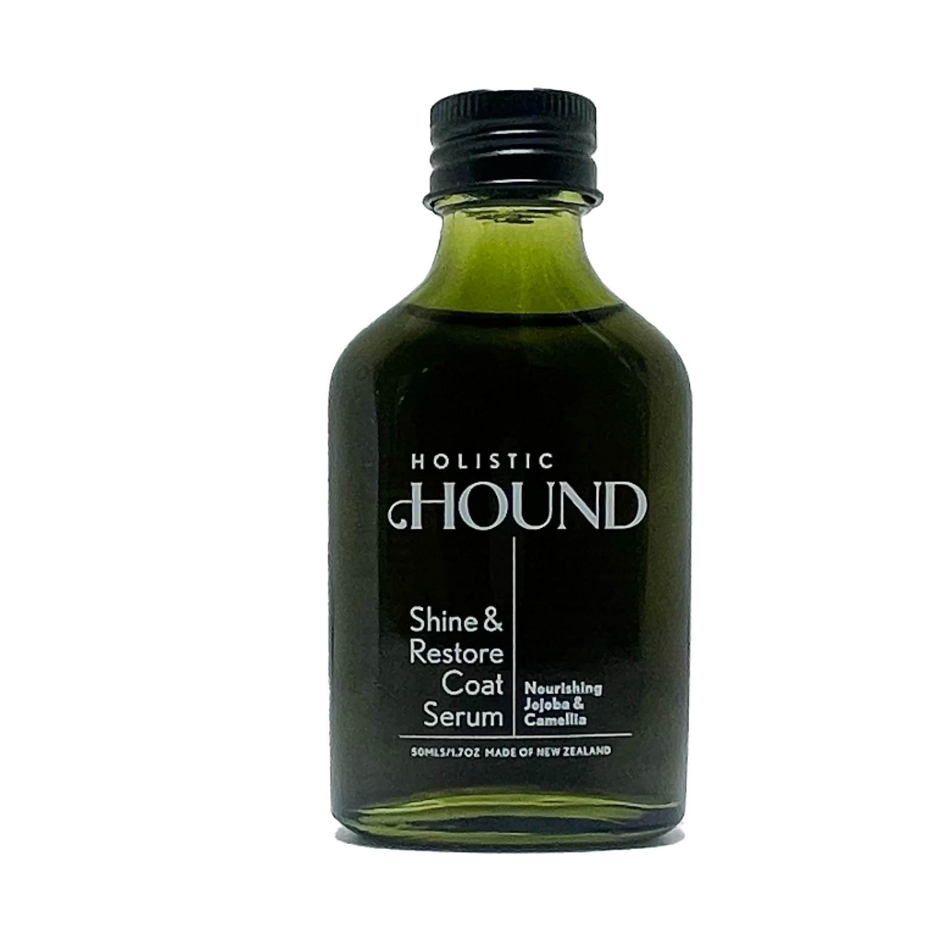 Holistic Hound Shine & Restore Coat Serum by Animal Addiction Limited in a 50ml bottle, designed to enhance pet's coat shine and health.