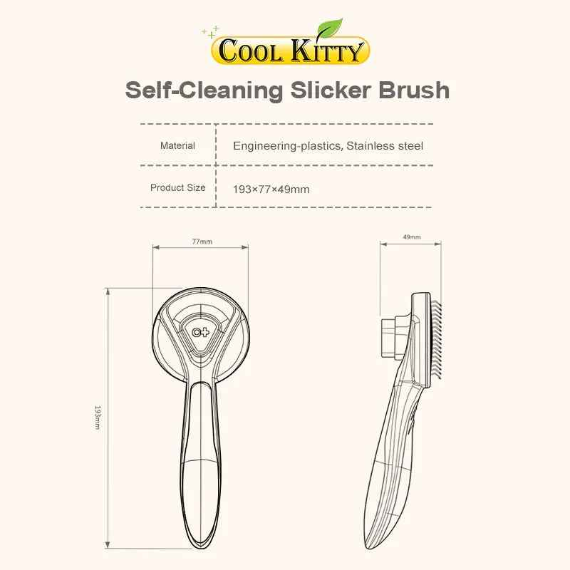 Self-cleaning slicker pet brush from Cool Kitty Cat Litter with fine metal bristles for gentle grooming of cats and small pets.