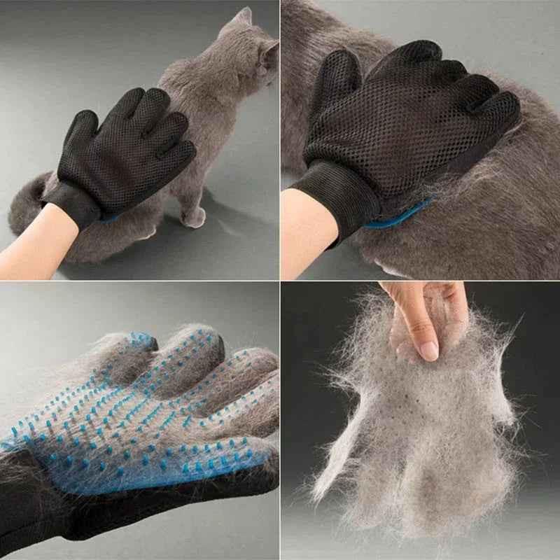 Cool Kitty Cat Litter pet grooming glove for shedding, shown on left hand, designed for effective pet hair removal.