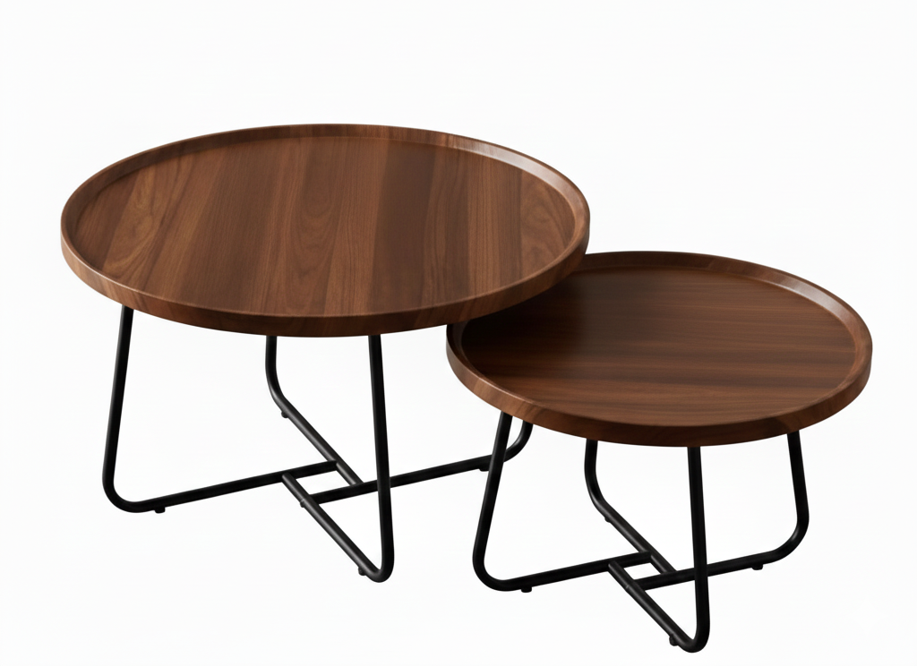 Set of two wooden nested round coffee tables by sue-e furniture, featuring natural wood finish and modern design.