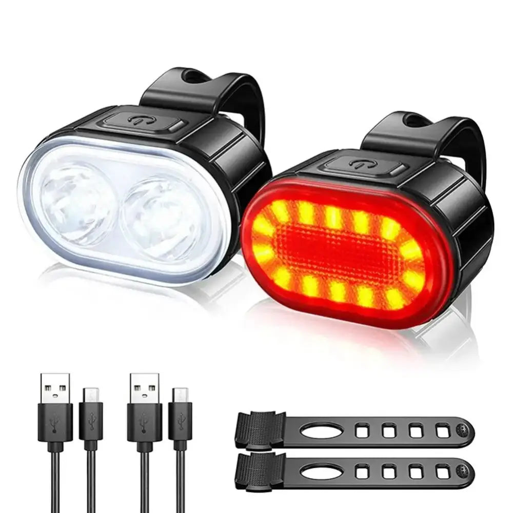 Habicare HBC bicycle front and rear light set with USB charging for mountain biking and cycling safety.