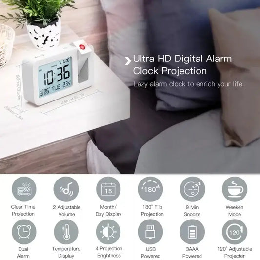 Digital Projection Alarm Clock – Rechargeable LED with USB Charger (Black & White) Habicare