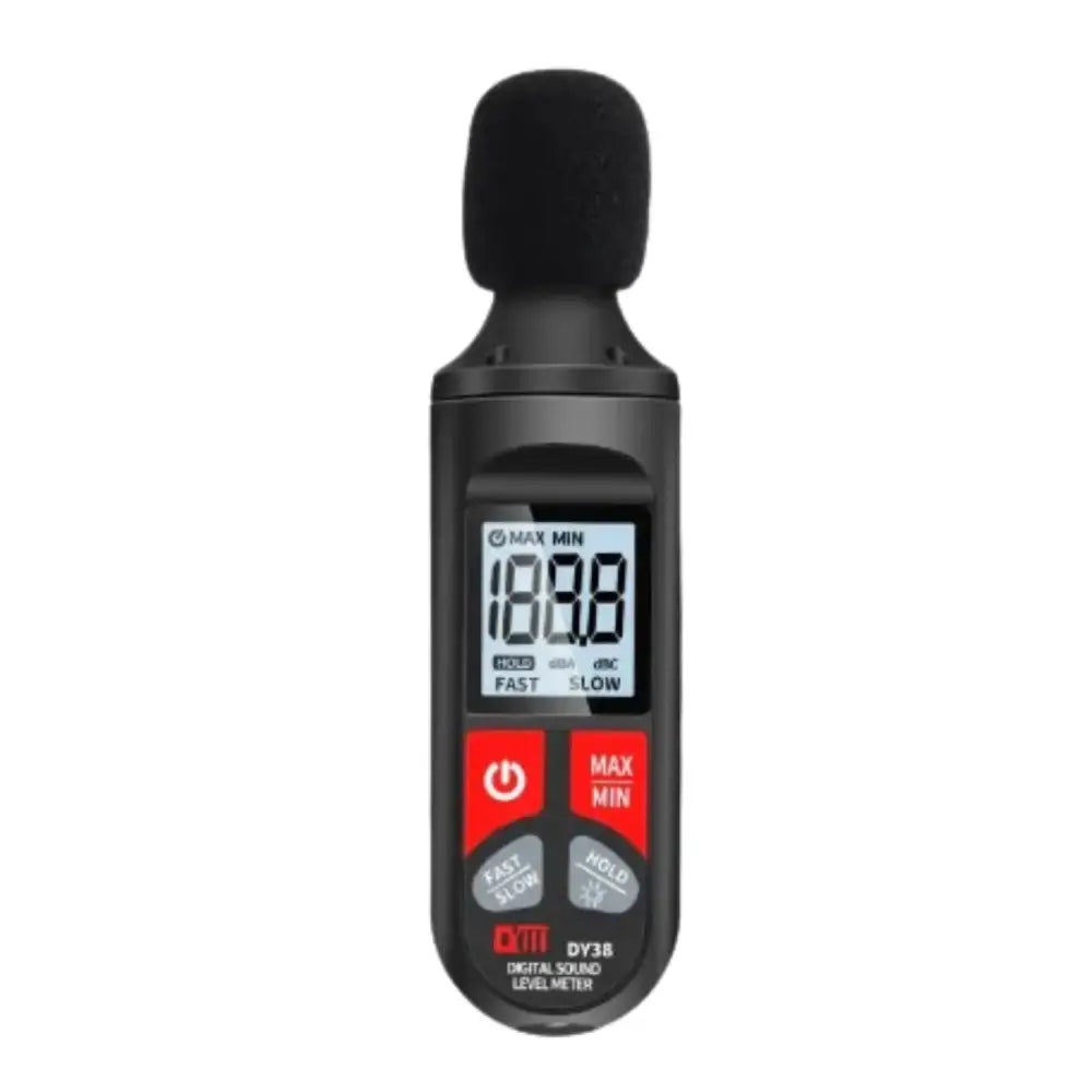 Digital sound level meter by Habicare, HBC brand, showing a display screen measuring noise levels in decibels.