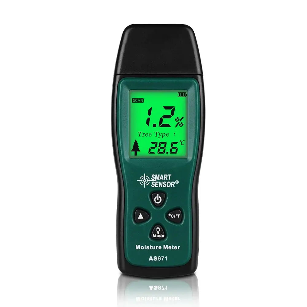 Habicare AS971 digital wood moisture meter showing digital display with timber dampness levels and paper testing probe.