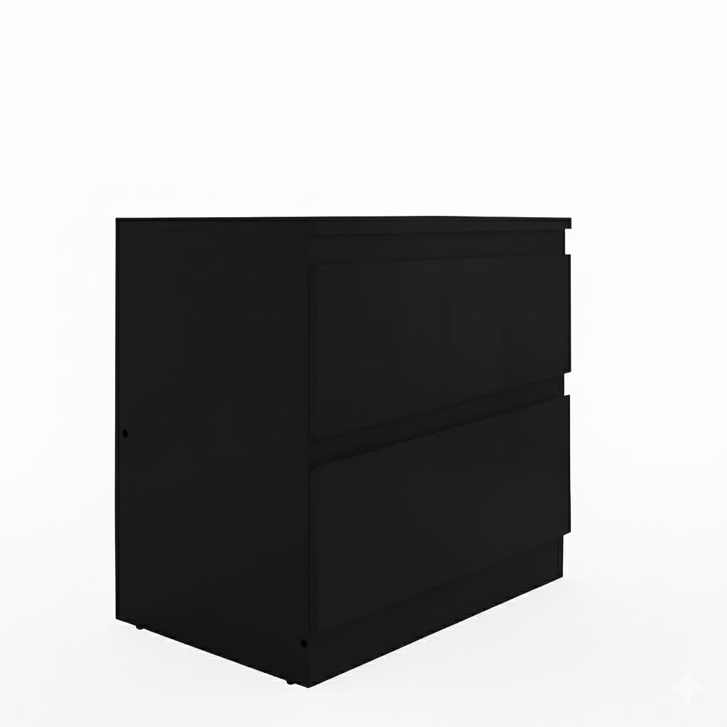 Black 'Monaco' bedside table by sue-e furniture, featuring a sleek modern design with a smooth finish and compact storage drawers.