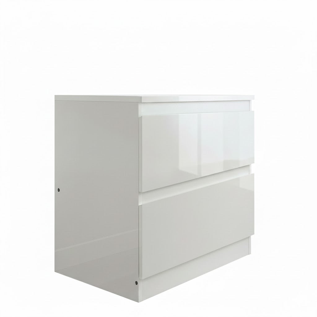 White Monaco bedside table by sue-e furniture with a modern design and smooth finish, showing its compact storage drawer and top surface.
