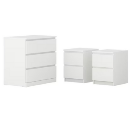 Sue-e Furniture Monaco bedroom set featuring two bedside tables and a three-drawer chest in a modern wood finish.
