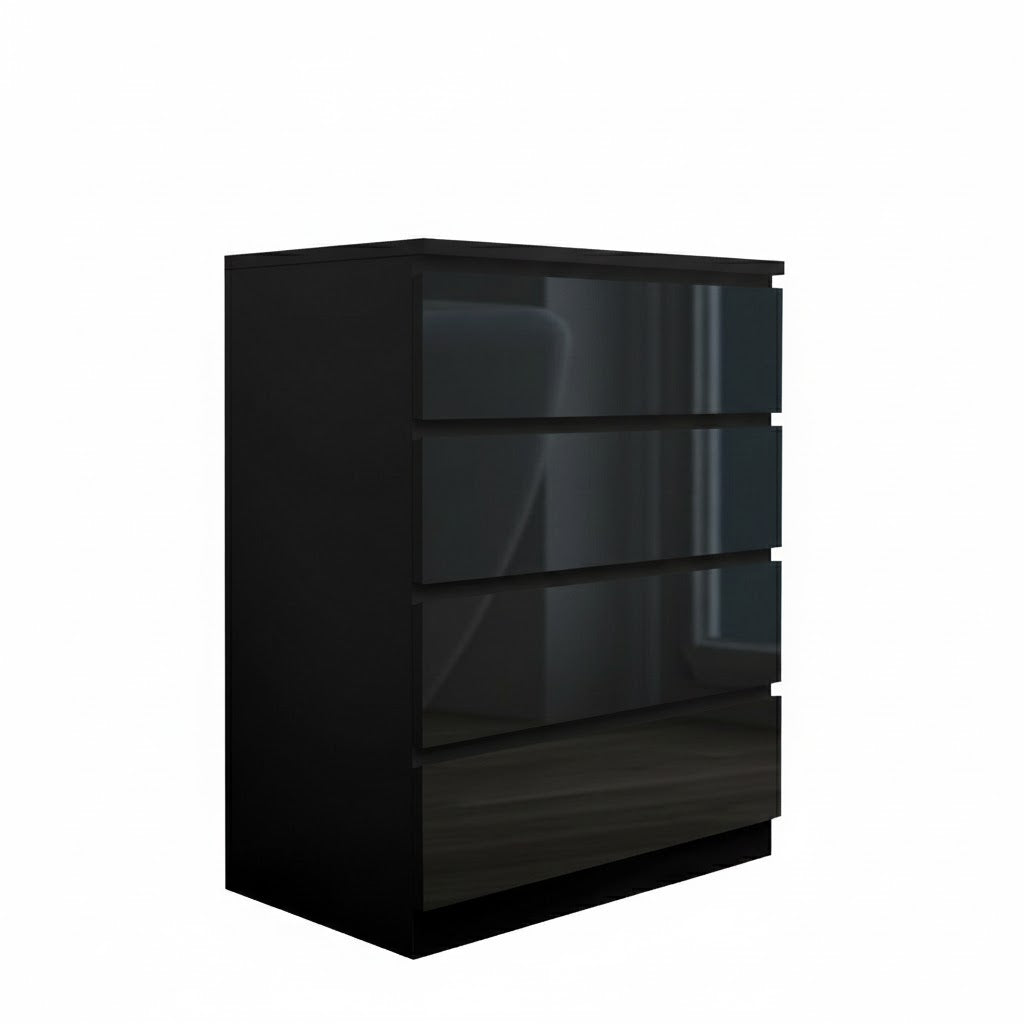 Black Monaco tall boy chest of 4 drawers by sue-e furniture, modern bedroom storage unit with sleek design and sturdy construction.