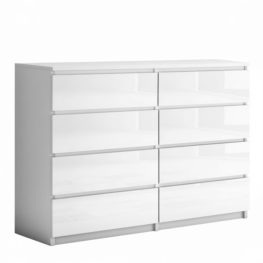 White Monaco low boy chest of 8 drawers by sue-e furniture, showing a sleek modern storage unit with eight spacious drawers.