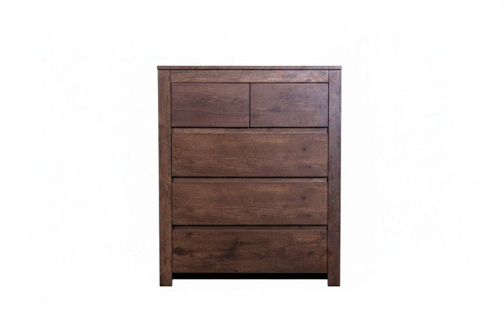 Dark oak Sue-e Furniture Byron Tall Boy dresser with multiple drawers, showcasing sleek tall storage design and modern style.