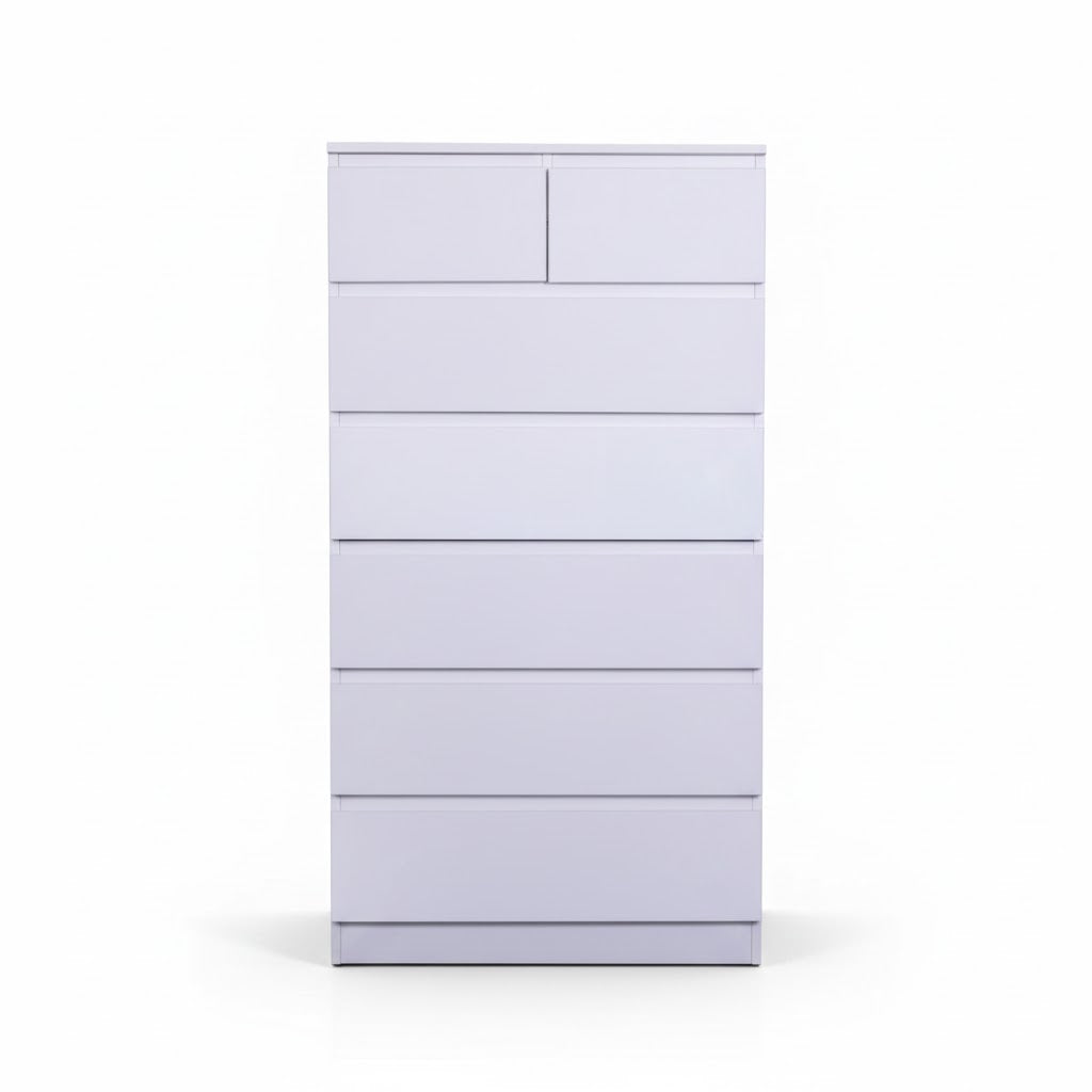 Tall boy dresser with seven drawers from the Sue-E Furniture Monaco collection, showcasing a modern wood finish.