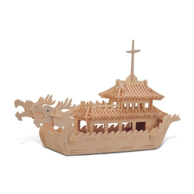 Detailed image of a 3D Dragon Boat puzzle by 9eight5, showcasing the intricately designed wooden boat with colorful accents.
