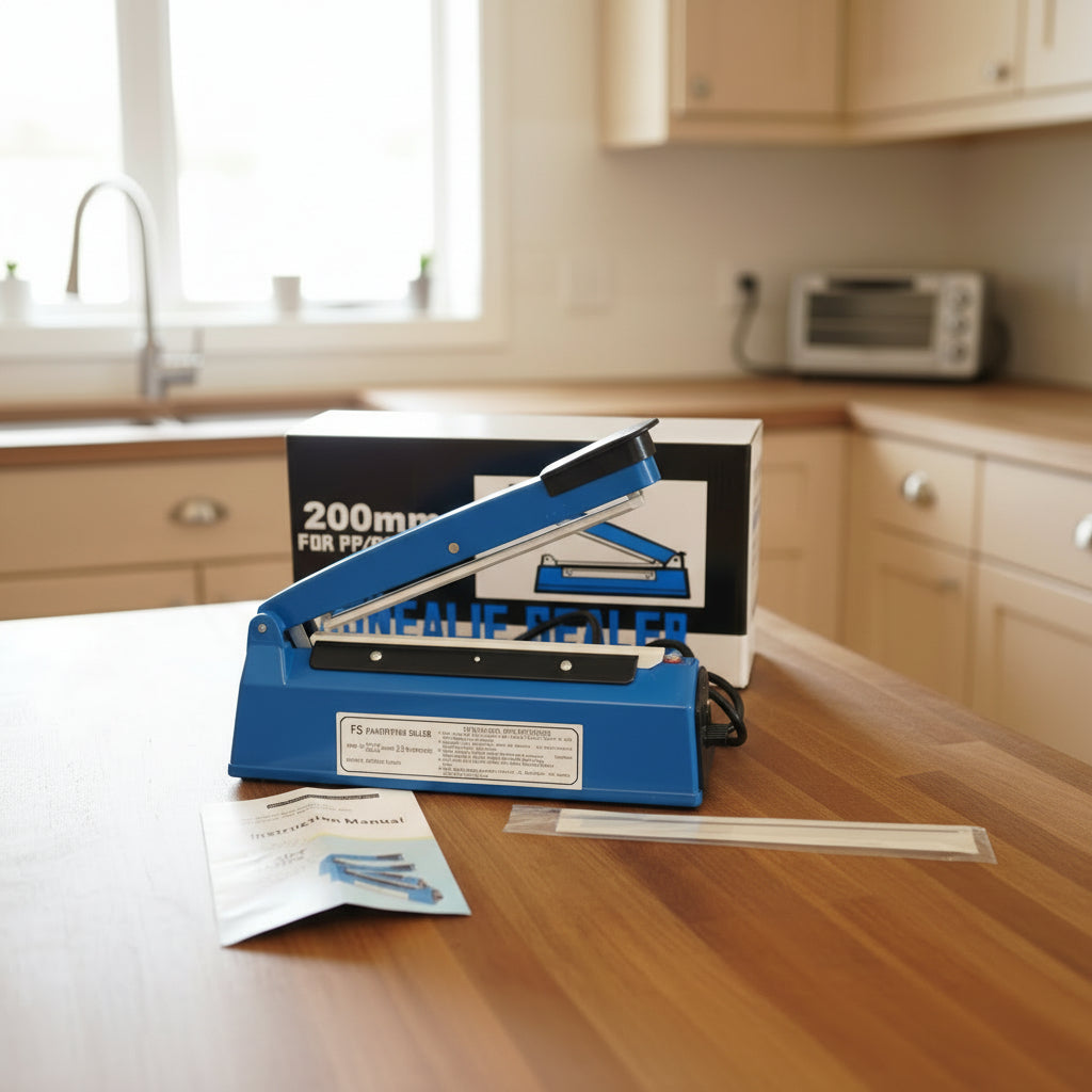Dealonlinenz heat bag sealer with 200mm sealing width and spare wire, compact kitchen tool for airtight food storage.