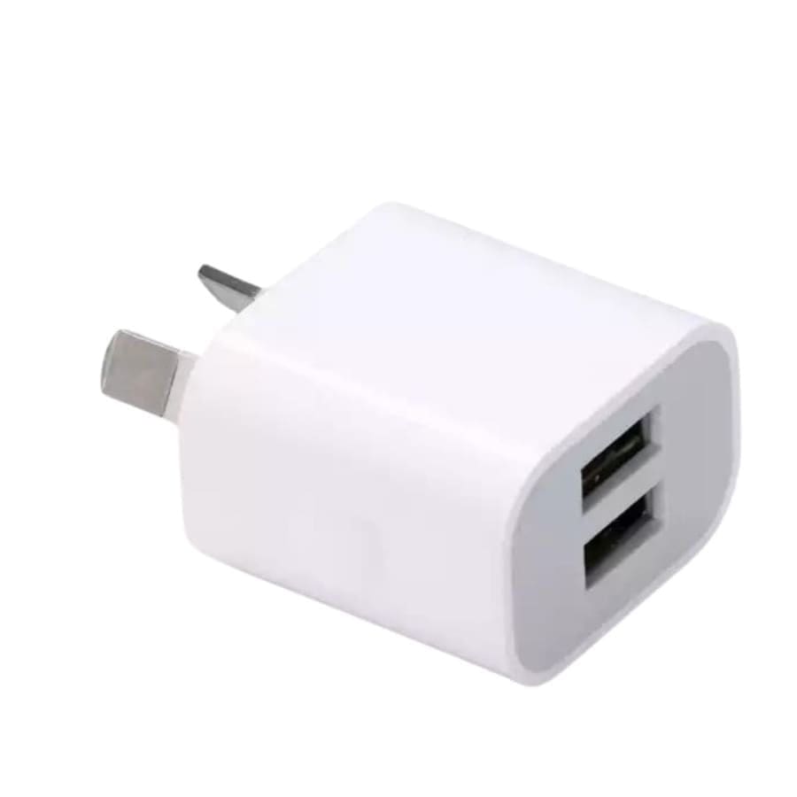 White dual USB power adapter wall plug for NZ and AUS outlets, compatible with various devices, by That Watch Shop.