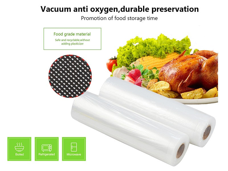 Two rolls of 15x500cm dealonlinenz vacuum sealer bag rolls, showing clear, durable plastic for food preservation.