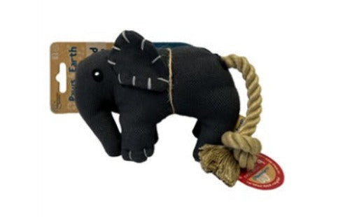 Animal Addiction Limited Paws 4 Earth elephant dog toy with rope tail, durable chew toy for dogs.