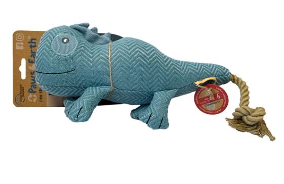 Animal Addiction Limited Paws 4 Earth dog toy featuring a colorful gecko design with a rope tail for chewing and play.