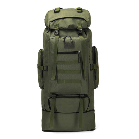 Black ECOTREK 100L hiking and camping backpack with multiple straps and large capacity for outdoor travel and adventure.