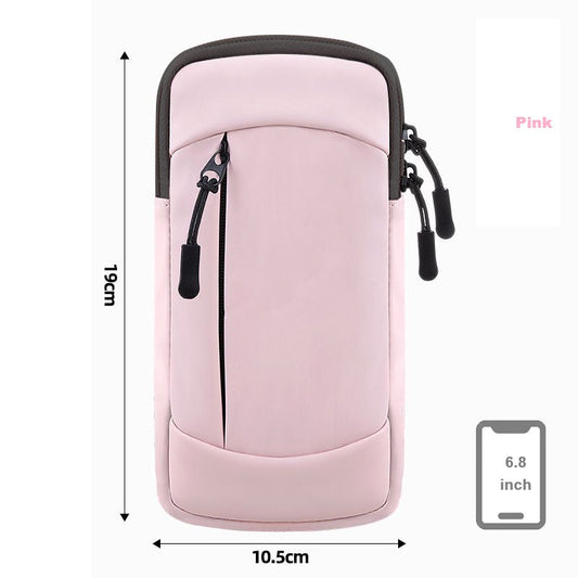 Pink waterproof ECOTREK running armband with two pockets for phone storage, fits up to 6.8-inch smartphones during gym or outdoor workouts.