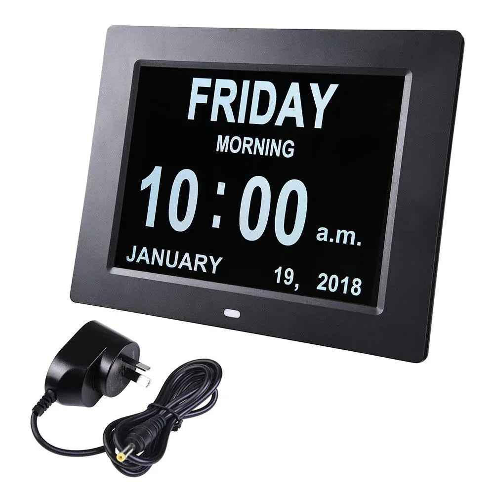 Black 8-inch digital calendar day clock by Eldertech, designed for dementia and Alzheimer’s patients, showing date and day display.