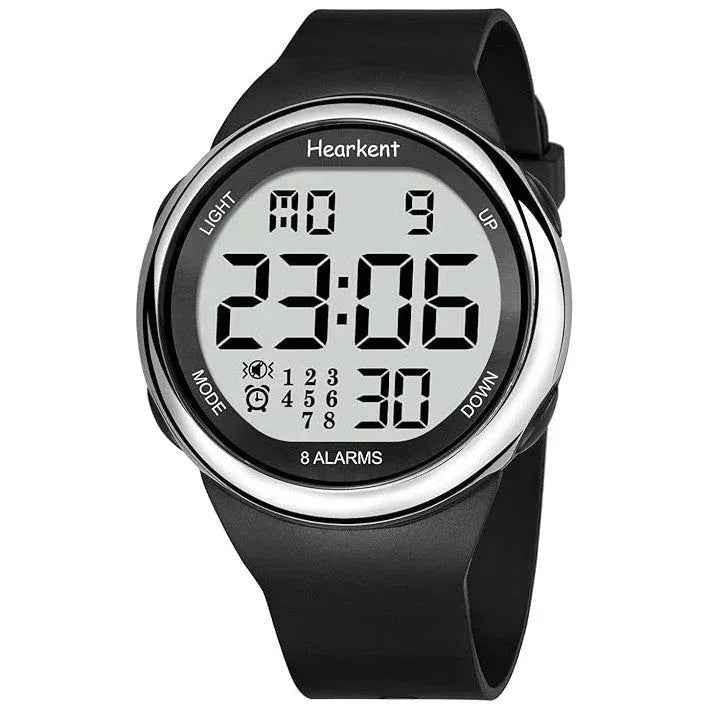 Eldertech Hearkent Atomic Watch in silver with vibrating alarms, showcasing its precise digital display and sleek design.