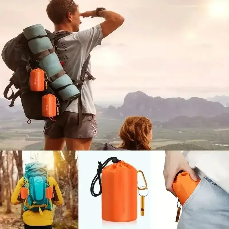 Orange Habicare emergency sleeping bag, compact and lightweight survival gear for outdoor emergencies and camping.