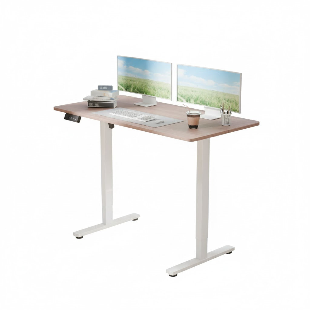 Electra Ergo single motor sit stand computer desk in walnut finish, 1.4m long, from Sue-E Furniture, showing the desk's sleek surface.