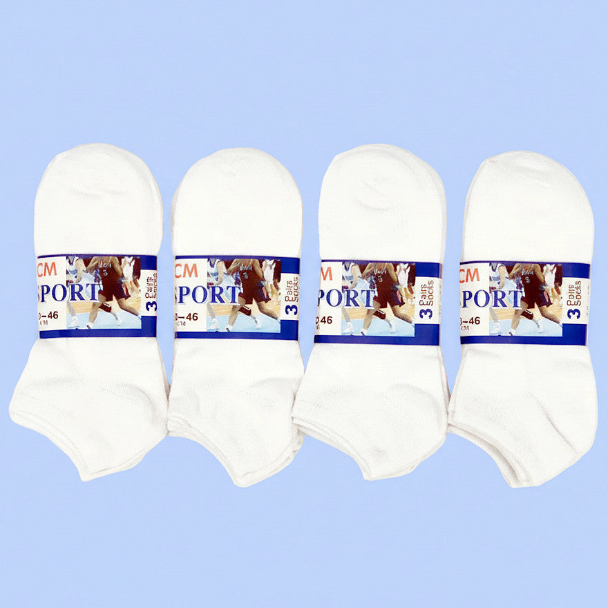 Pair of white thin ankle socks for men and women, size M7-11/W8-12, from dealonlinenz, shown on a white background.
